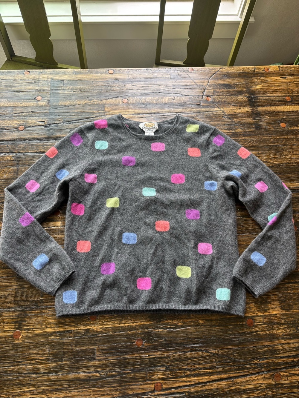 Talbots Charcoal Crewneck Sweater with Multicolor Square Dots 100% cashmere
